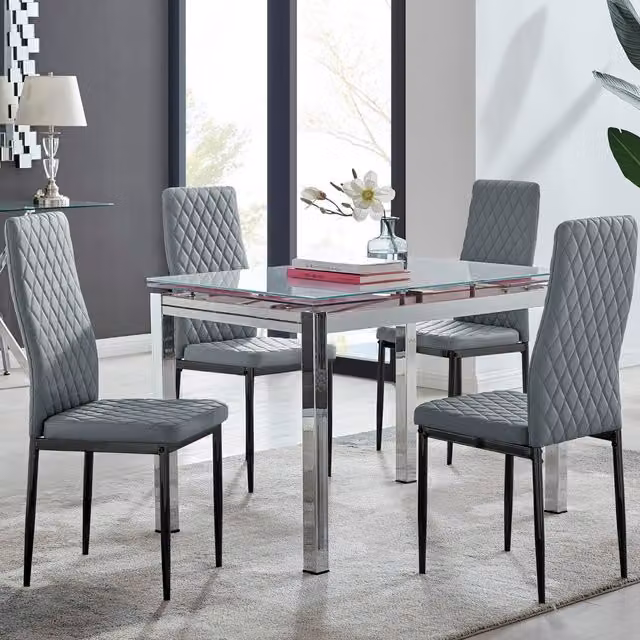 FurnitureboxUK Enna White Glossy Glass Extending Rectangular Dining Table and 4 Milan Black Leg Chairs in Grey