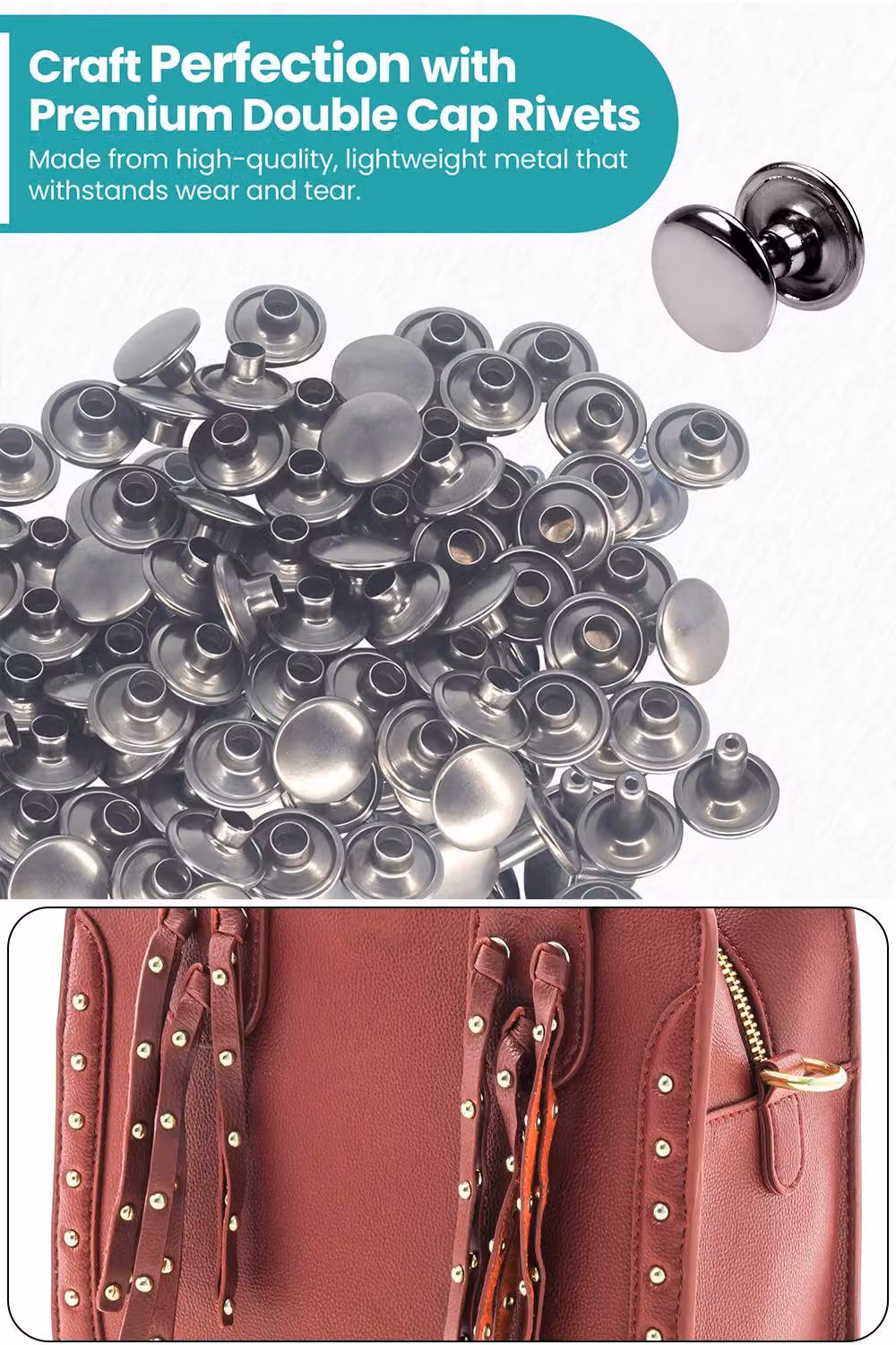 Neel Blue 12mm Double Cap Rivet Tubular Metal Studs in Dark Grey, 100pcs – 3