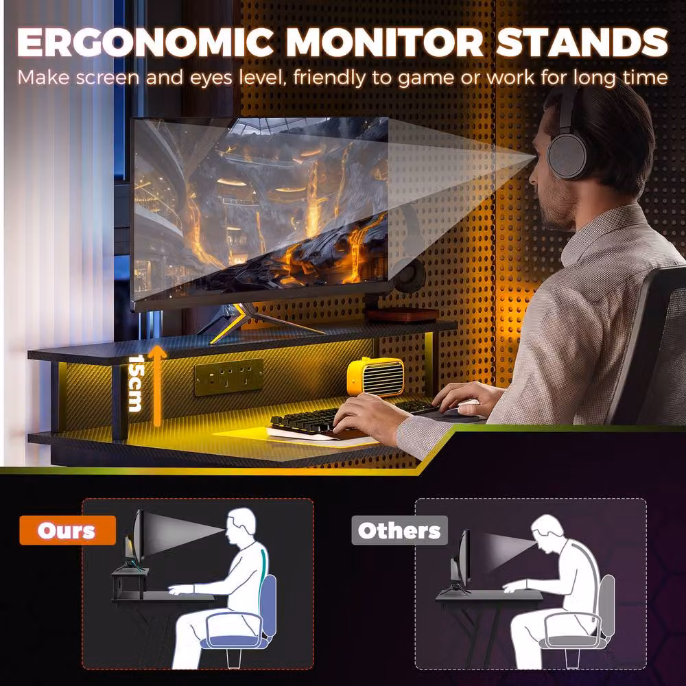 Rolipo Two-Level LED Gaming Desk in Black with Matt MDF Laminate and Metal Frame – 6