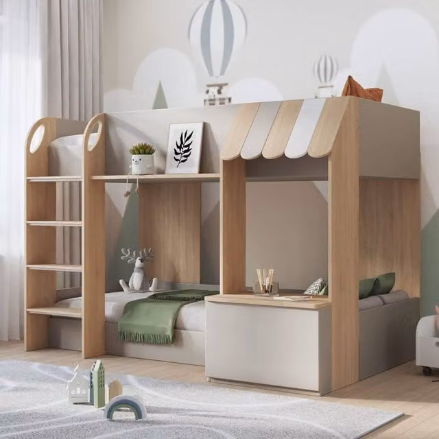 Babyfair Modern Two-Level Childrens Bunk Bed with Side Compartments and Bedside Shelf in Beige and White, W/D/H: 200 x 90 cm