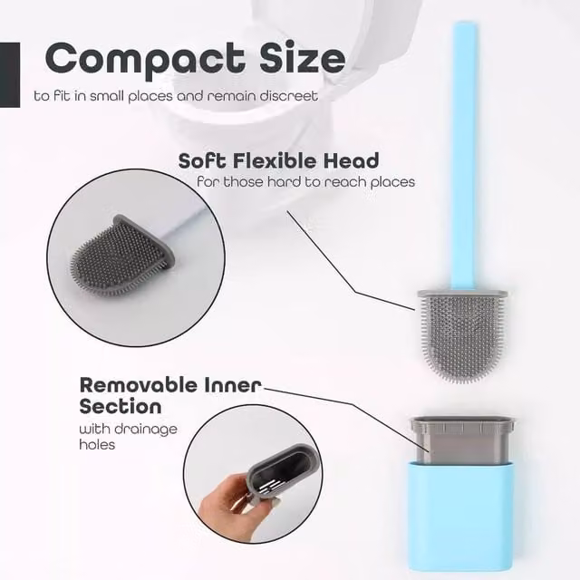 KORVIXA Blue Freestanding Toilet Brush and Holder Set with Silicone and Plastic Brush