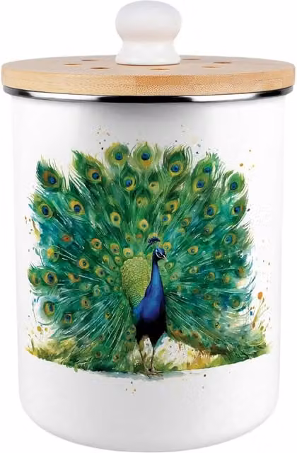 Purely Home Majestic Peacock Metal Food Waste Caddy, 2L, Green and White