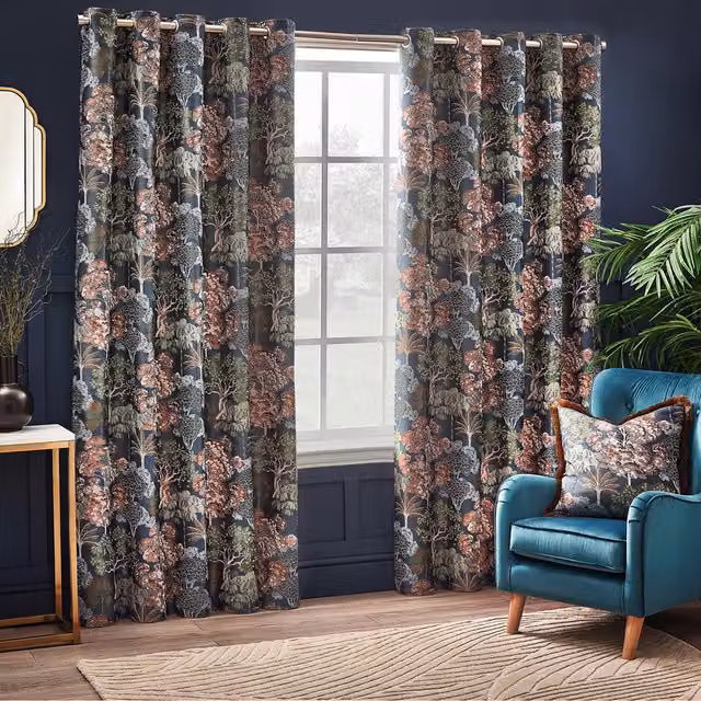 Make It A Home Set of 2 Woodlands Floral Jacquard Eyelet Curtains, Blue, Width: 137 cm