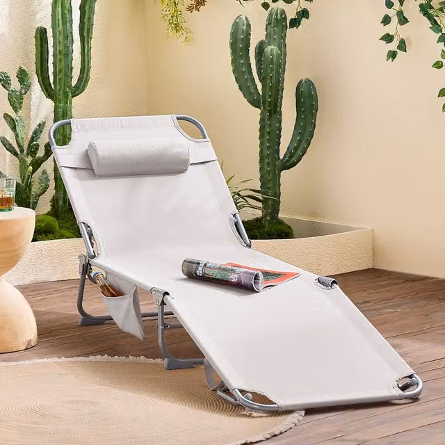 SoBuy Reclining Folding Relax Chair with Adjustable Headrest and Side Pocket in Beige Textilene and Powder Coated Steel
