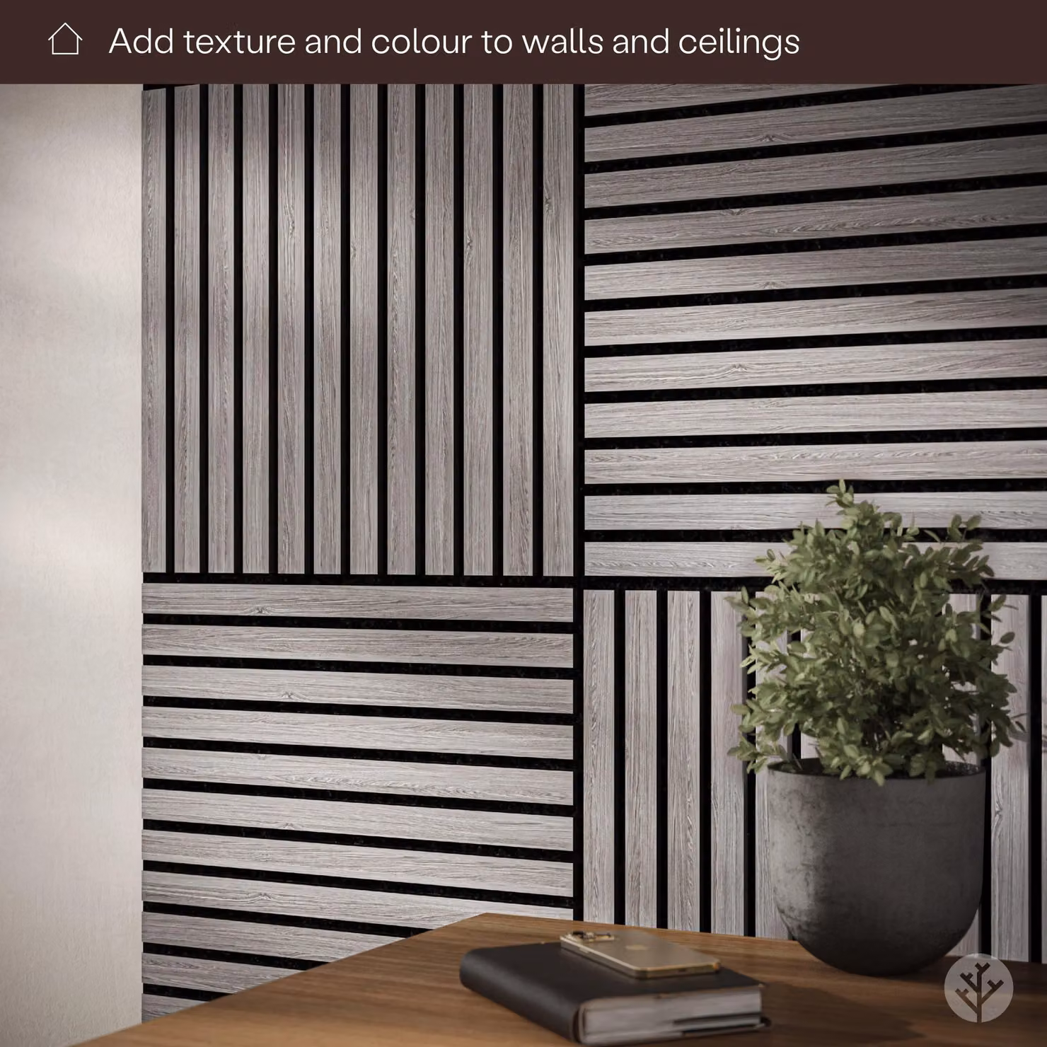 The Wood Veneer Hub WVH 2 Grey Oak Acoustic Wood Veneer Slatted Wall Panels, Mid Grey, 52 x 52 cm – 2