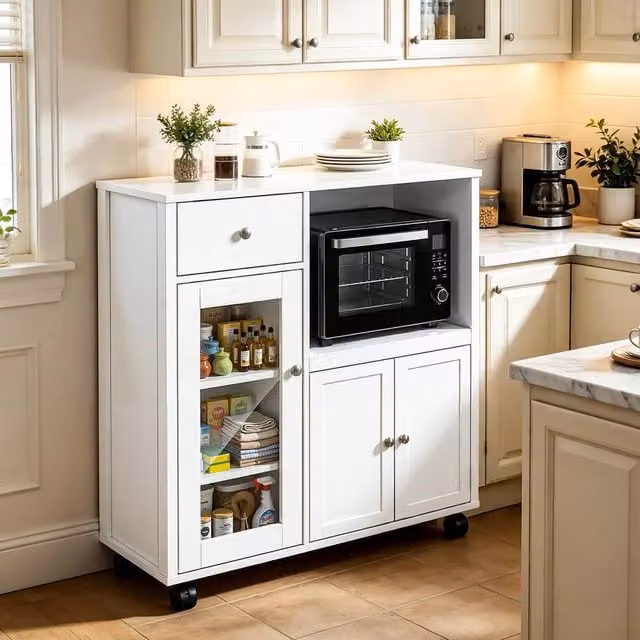 EONLION White Kitchen Island Sideboard with Microwave Shelf and Castors, H 90.0 x W 82.5 x D 40.0 cm