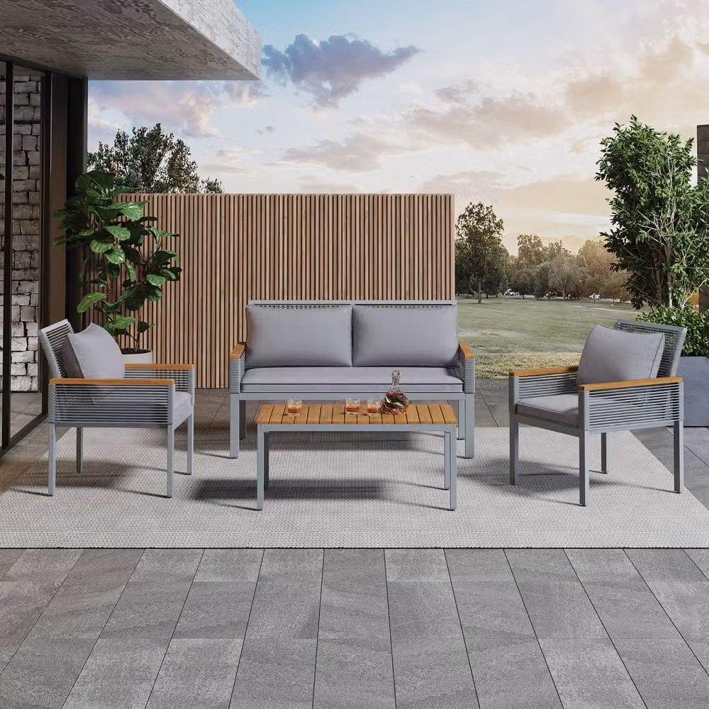 Direct Wicker 4 Person Grey Wicker Garden Conversation Set with Upholstered Cushions – 4