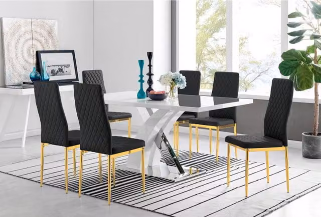 FurnitureboxUK Atlanta 6 White Glossy Rectangular Dining Table and 6 Black Milan Chairs with Gold Legs