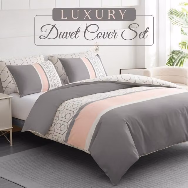 Pamposh Single Microfibre Duvet Cover and Pillowcase Set in Grey and White Striped Design, W: 90 cm x L: 200 cm