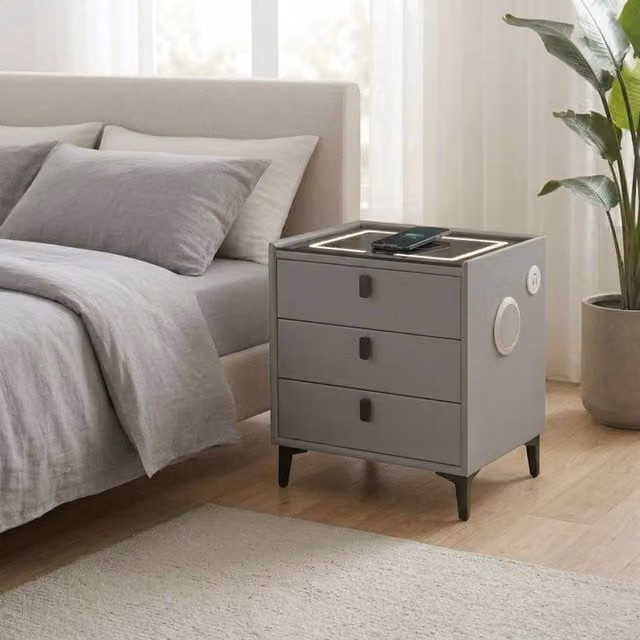 MN Furniture Bedside Table with LED Lighting, Wireless Charging, Bluetooth and 3 Drawers in Grey – 1