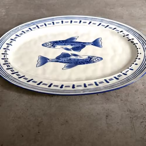Verano Spanish Ceramics Ocean Fish Ceramic Oval Serving Platter in Blue and White, W: 39 cm, D: 26 cm, H: 3.5 cm – 8