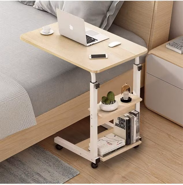 Living and Home Height Adjustable Mobile Overbed Desk with Wheels in Beige – 1