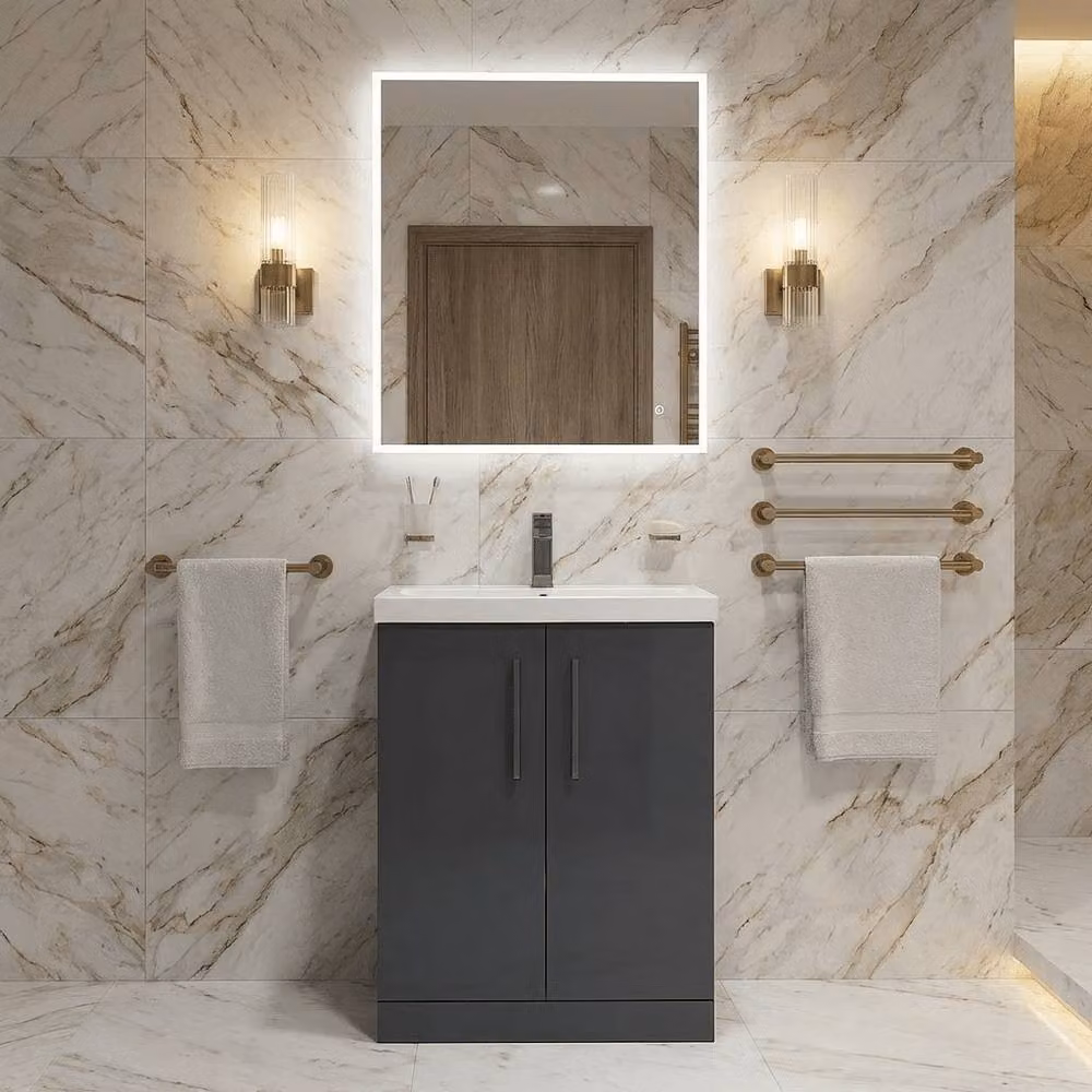 Balterley Contemporary Freestanding 2-Door Bathroom Vanity and Mid-Edge Basin in Dark Grey, Width: 60 cm – 2