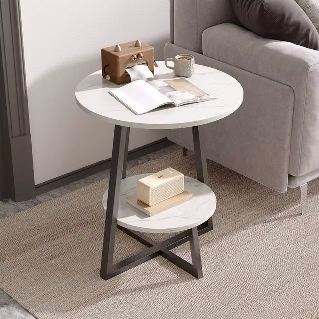 SPETLEK Round 2 Tier Marble Effect Side End Table in White