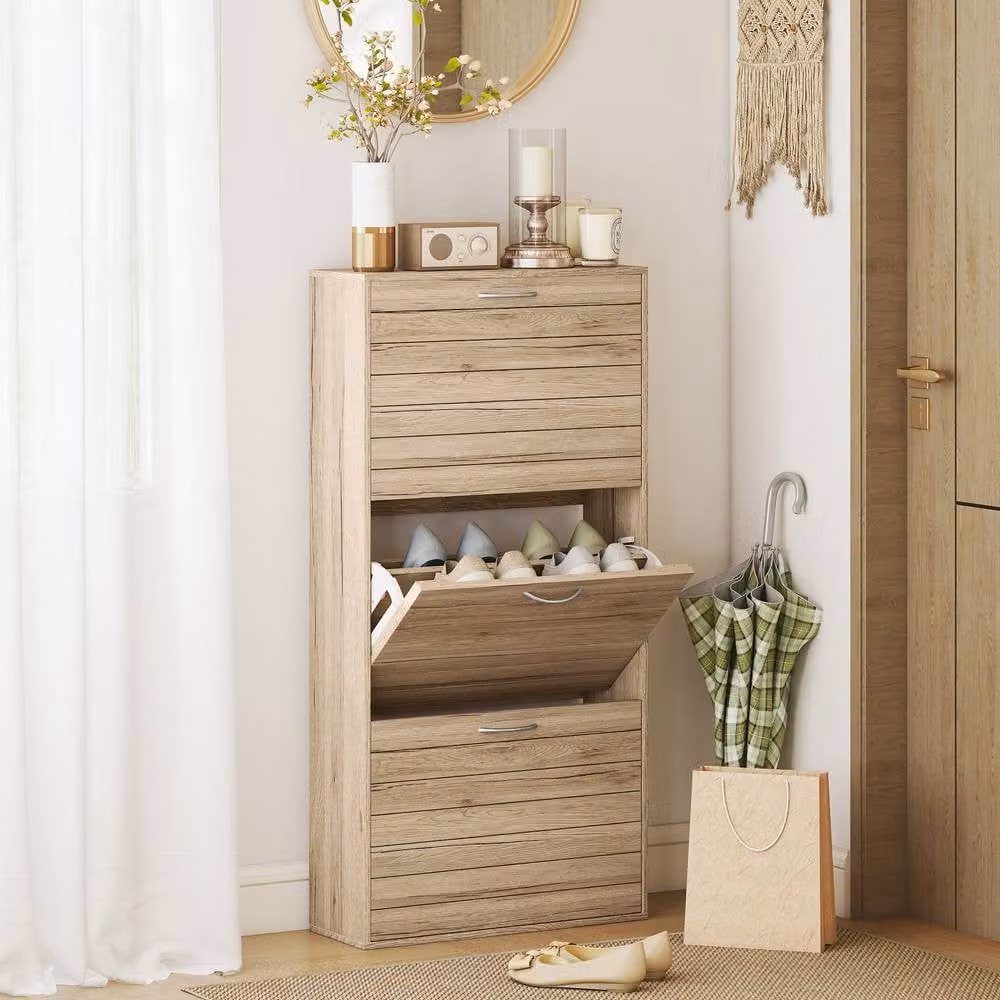 HOMCOM Slim Shoe Storage Cabinet with 3 Tilting Compartments in Light Oak Wood Grain – 2