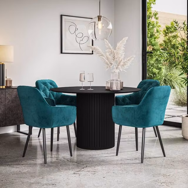 More4Homes Arlo Black Round Dining Table and Anika Petrol Teal Velvet Dining Chair Set of 4, W/D/H: 120 x 120 x 75 cm – 1