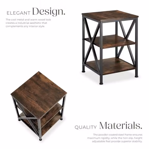 tectake 3-Tier Industrial Side Table with Height-Adjustable Steel Frame and Wood-Look MDF Shelves, Brown and Black, W/D/H: 40.5 x 40.5 x 60.5 cm – 4