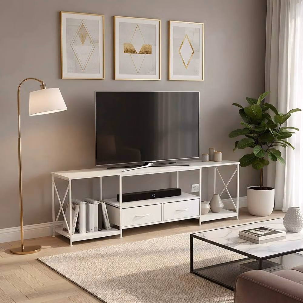 FORGEVIO White TV Stand Cabinet with 2 Drawers, W: 160 cm, D: 40 cm, H: 53 cm – 3