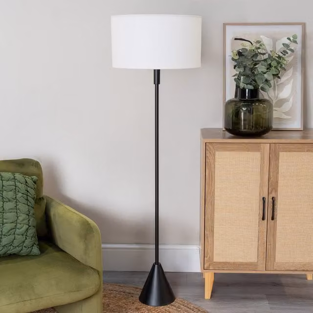Mitch Triangle Floor Lamp with White Trimmed Linen Drum Shade