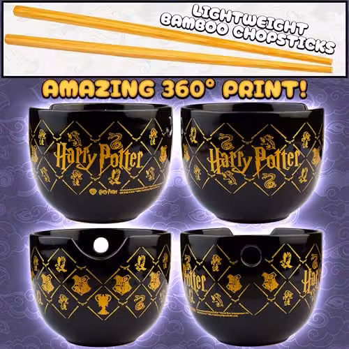 Get Trend Harry Potter Ramen Bowl Set, 600ml Black Ceramic Bowl with Spoon and Bamboo Chopsticks – 8