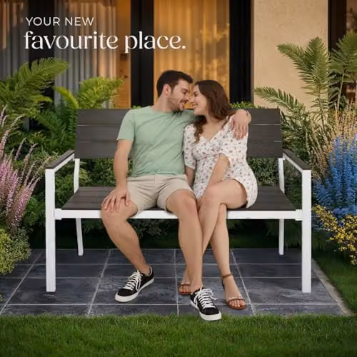tectake Line 2-Seater Garden Bench with Metal Frame, W/D/H: 128 x 59 x 88 cm in Grey – 8