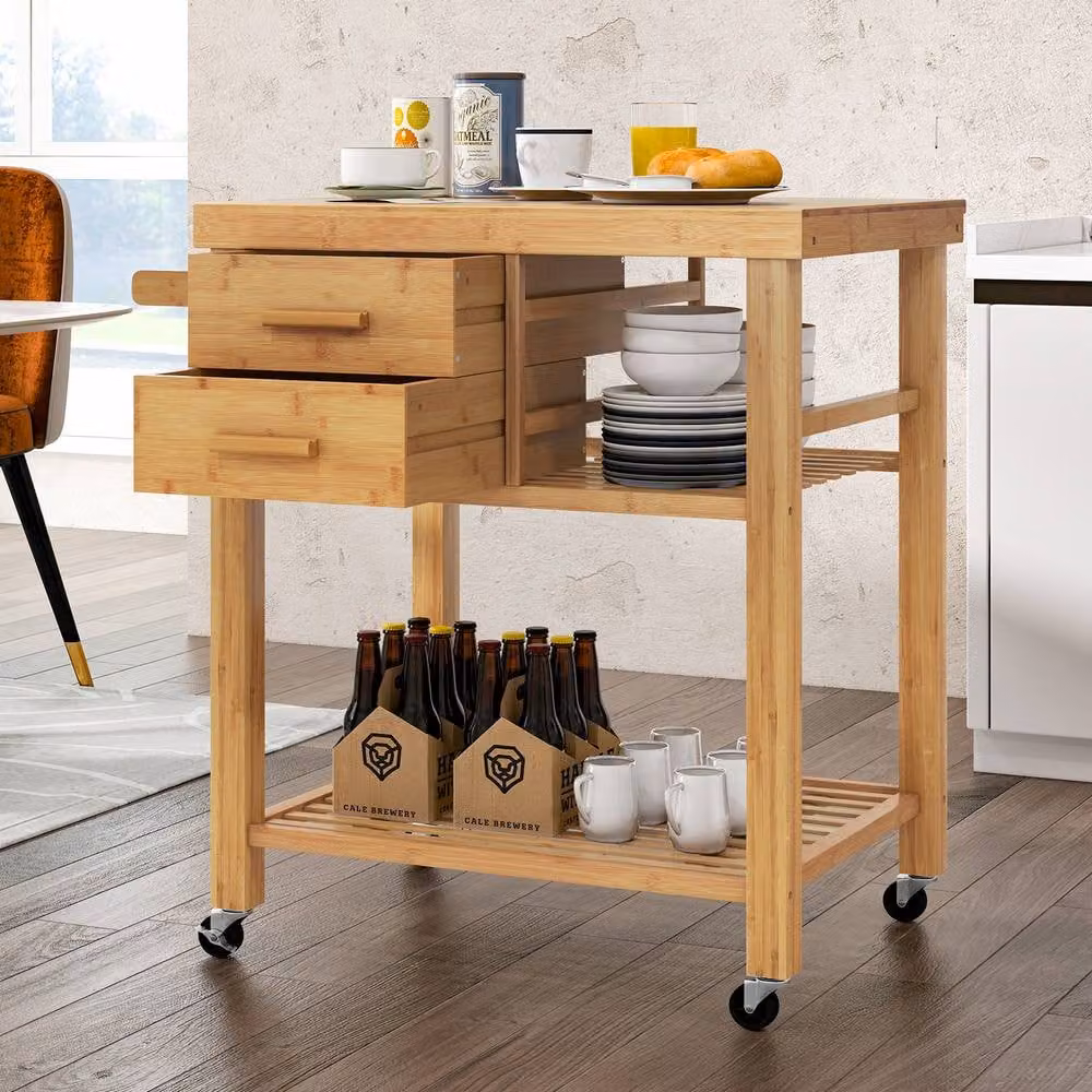 Costway Rolling Bamboo Kitchen Island Cart Trolley with Drawers and Shelves in Natural – 6