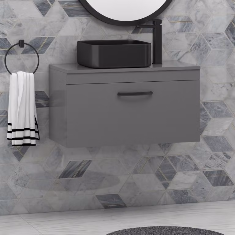 Royal Bathrooms Turin 800mm Indigo Grey Gloss 1-Drawer Wall Hung Unit and Art Square Countertop Basin