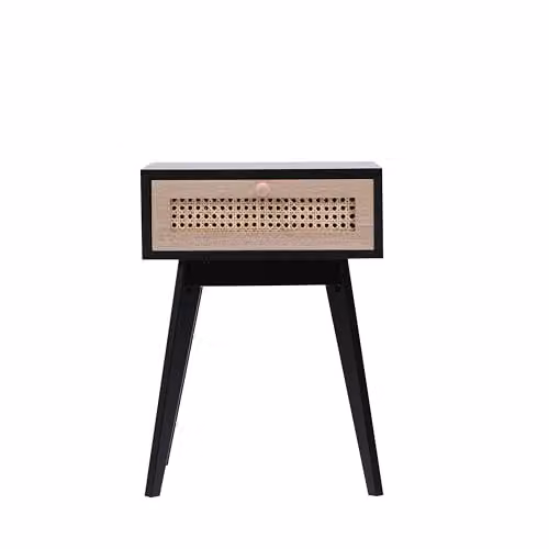SPOT ON DEALZ Black Rattan Bedside Table with Drawer and MDF Wood Frame, W/D/H: 30 x 40 x 50 cm – 1