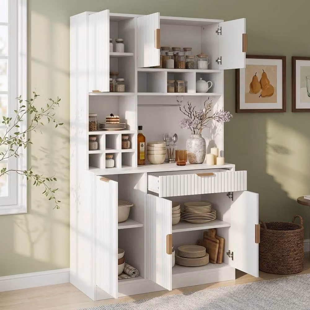 Rolipo White Tall Dining Room Sideboard with Power Outlets and Wine Rack, H: 175 cm, W: 100 cm, D: 40 cm – 2