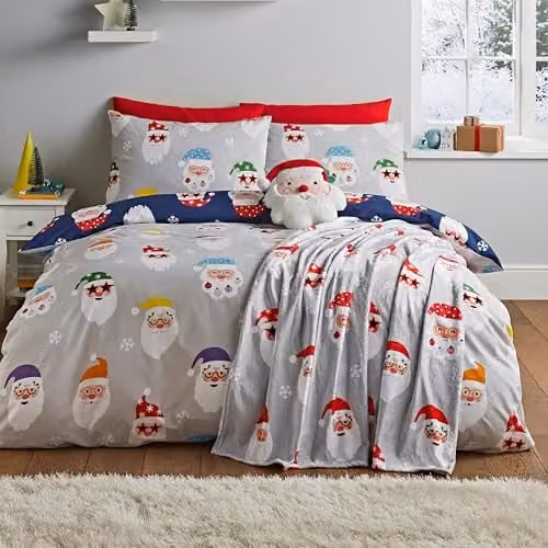Catherine Lansfield Christmas Santa Spec-Tacular Reversible Double Duvet Cover and Pillowcase Set, Grey and Blue, W/D/H: 200 x 200 cm – 1