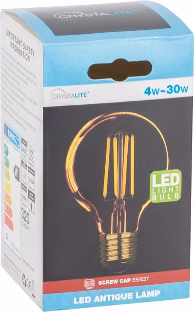 Crystalite Antique LED Filament G80 Globe Bulb, Warm White, E27, Transparent Glass