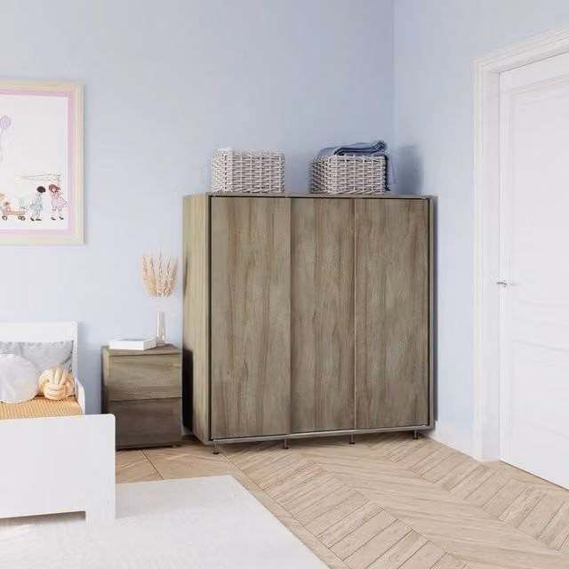 FORGEVIO Modern Oak Bedroom Wardrobe with Sliding Doors and Hanging Rail in Light Oak Brown – 1