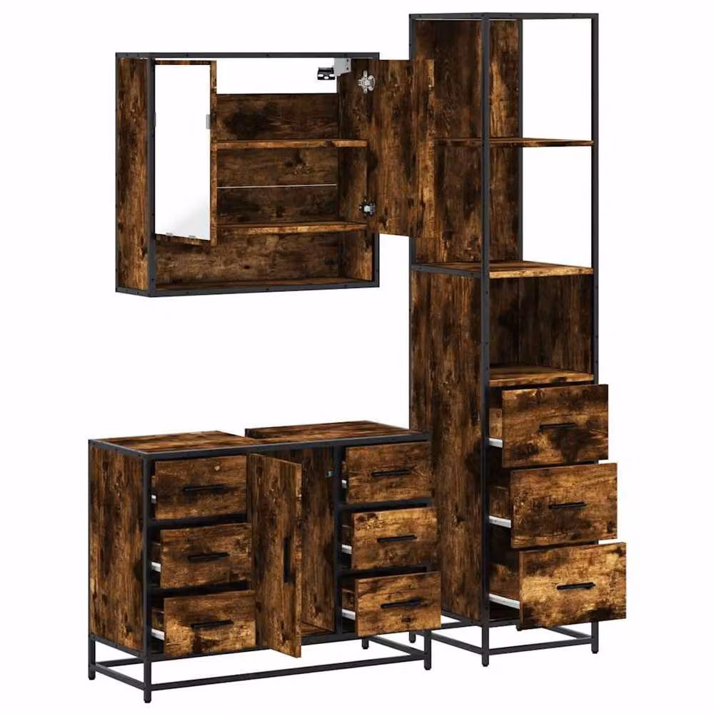 Berkfield Home 3 Piece Industrial Bathroom Furniture Set in Brown Smoked Oak – 5