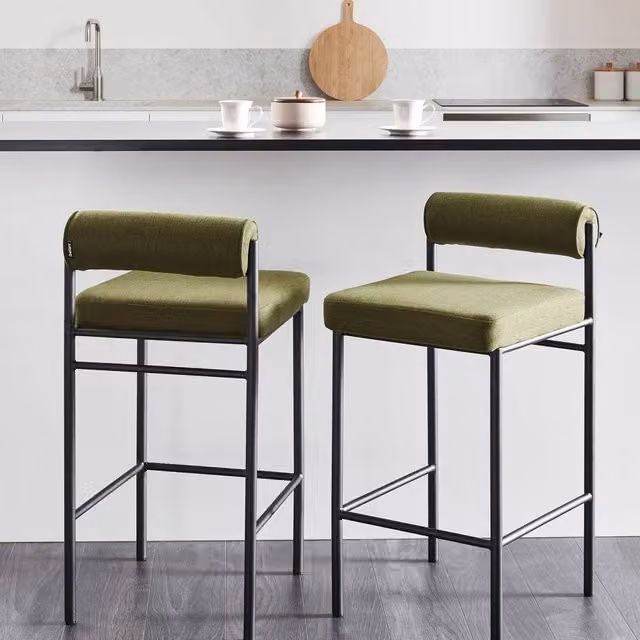 Wyld and Coco Set of 2 Green Polyester Bar Chairs with Black Metal Legs and Roll Backrest – 1