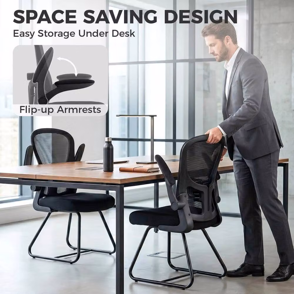 EONLION Black Fabric Conference and Reception Office Chair with Flip-up Armrests and Metal Frame – 4