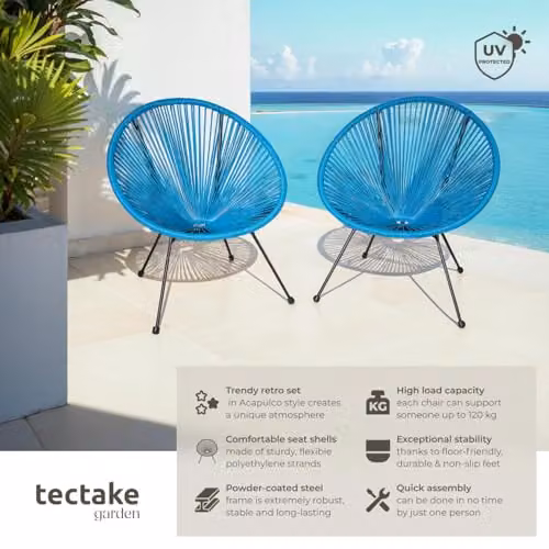tectake Set of 2 Acapulco Garden Chairs in Blue with Retro String Design and Metal Frame – 3