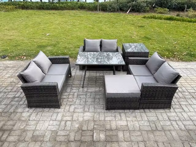Fimous 7 Seater Rattan Wicker Garden Furniture Set with Rectangular Dining Table and Side Table in Dark Grey