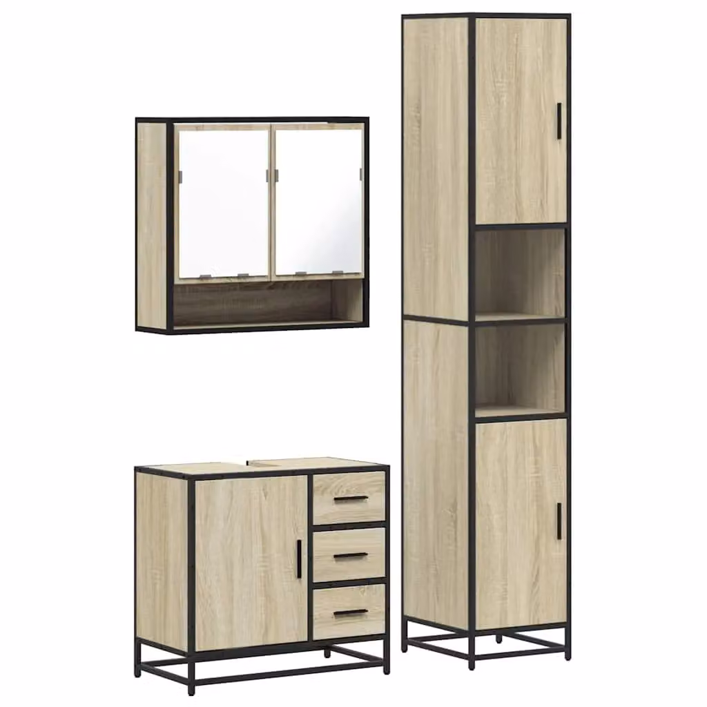 Berkfield Home 3 Piece Industrial Bathroom Furniture Set in Brown Sonoma Oak Engineered Wood – 1