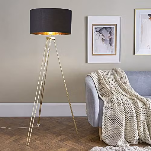 ValueLights Modern Gold Tripod Floor Lamp with Black and Gold Drum Shade – 2