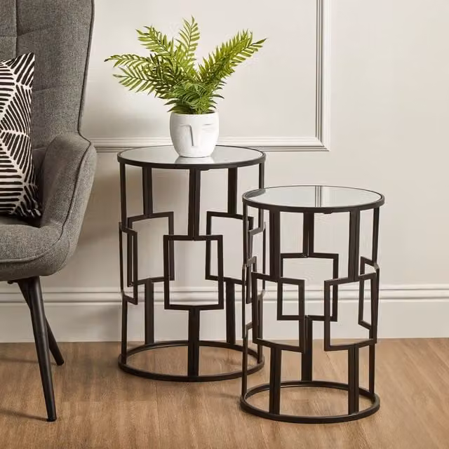 Orsina Set of 2 Modern Black Square Accent Tables with Glossy Glass Tops and Metal Sled Base – 1