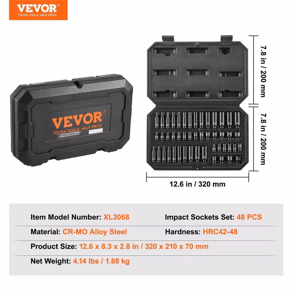 VEVOR 48 Piece 1/4 Inch Deep and Shallow Socket Set in Black Chrome Molybdenum Alloy Steel – 2