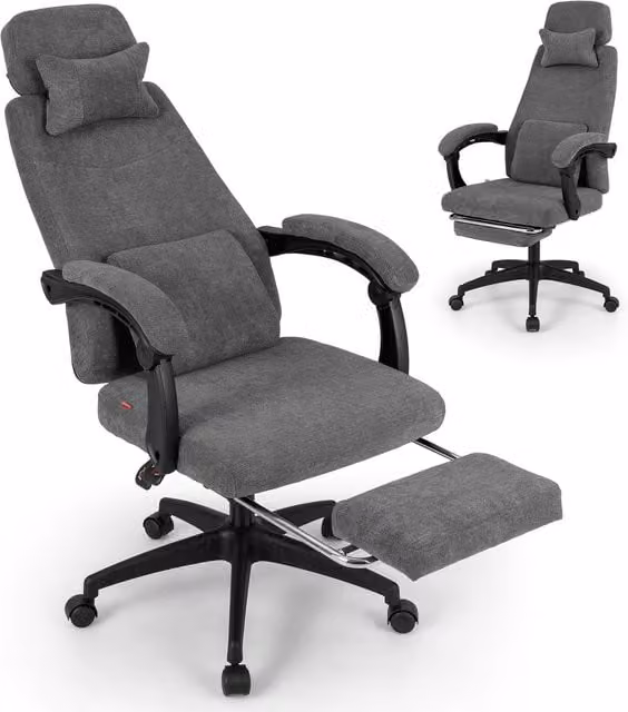 Costway Grey Chenille Fabric Task Chair with Headrest and Armrests for Home Office