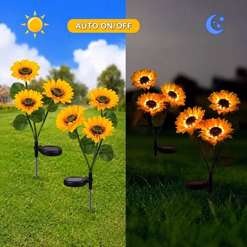 FLAVORA 2 Pack Yellow Sunflower Solar LED Garden Lights with Dusk Sensor and Ground Spike – 2