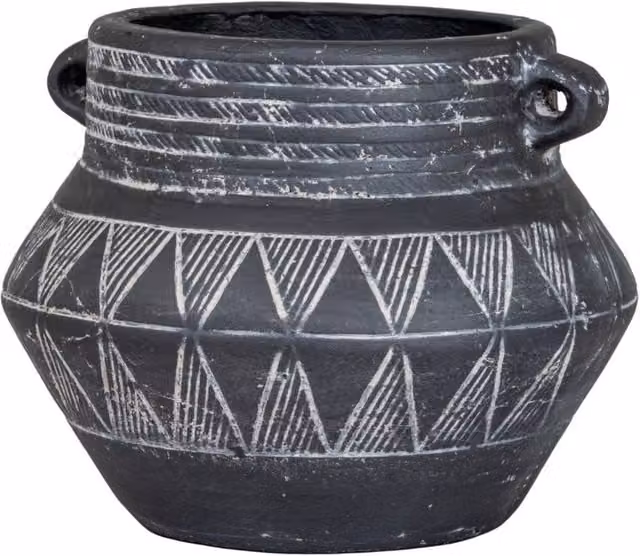 KDMD Etched Round Ceramic Decorative Flower Pot with Handle in Black