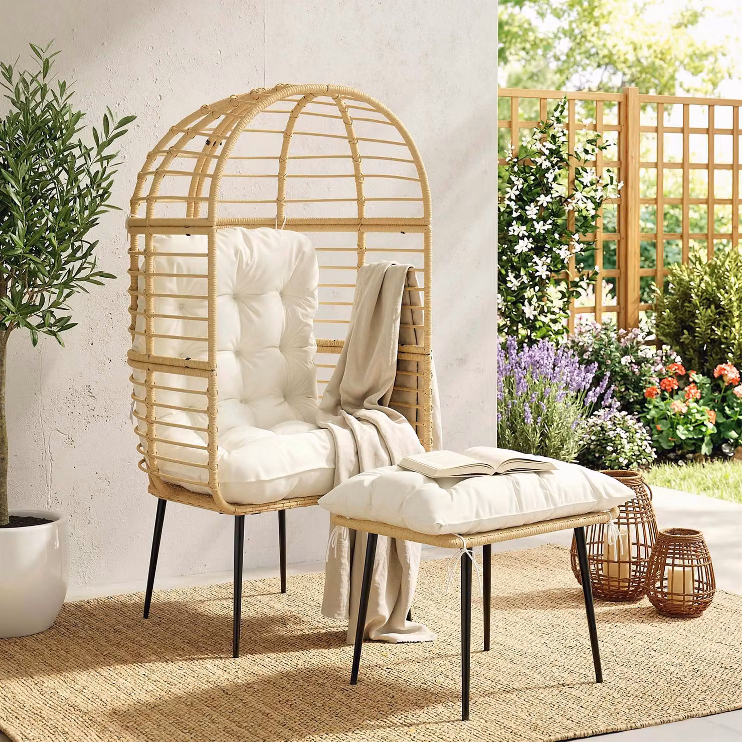 Outsunny Rattan Egg Chair and Ottoman Set with Thick Cushions in Beige – 2