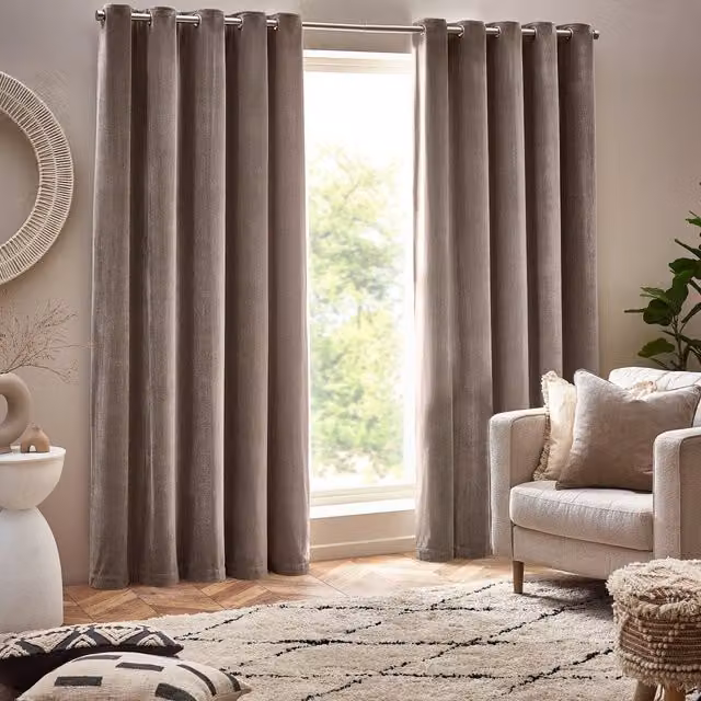 Terrys Beige Heavy Chenille Velvet Eyelet Curtains, Thermal Insulating and Opaque, Width: 168 cm, Drop: 229 cm