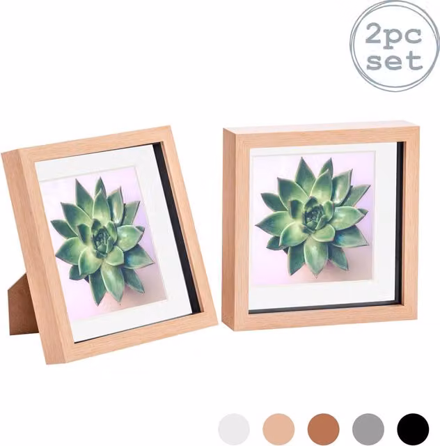 Nicola Spring Pack of 2 Square 3D Box Photo Frames in Brown, White and Beige, W/H: 20.32 x 20.32 cm