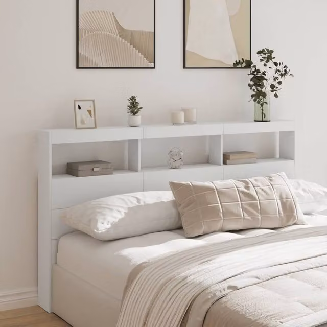 Berkfield Home Modern White Headboard Cabinet with LED Lighting and USB Charging Port, W/D/H: 180 x 17 x 102 cm