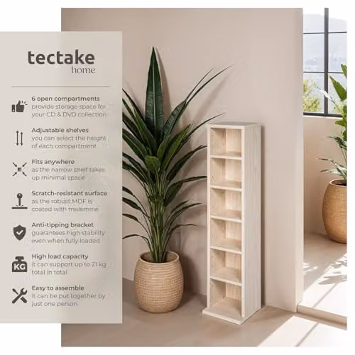 tectake CD Storage Unit in Beech Wood Look with 6 Adjustable Shelves, W/D/H: 113.0 x 26.5 x 26.5 cm – 2