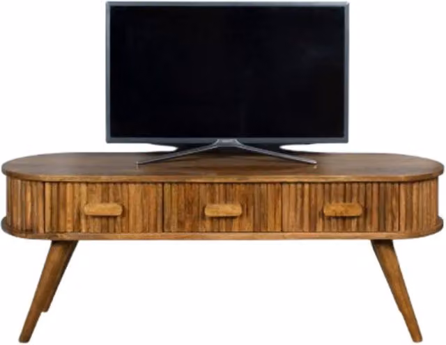 Elm Home And Garden Solid Mango Wood Large TV Media Unit with 3 Drawers in Brown and Beige, W: 130.0 cm, D: 39.0 cm, H: 50.0 cm – 1